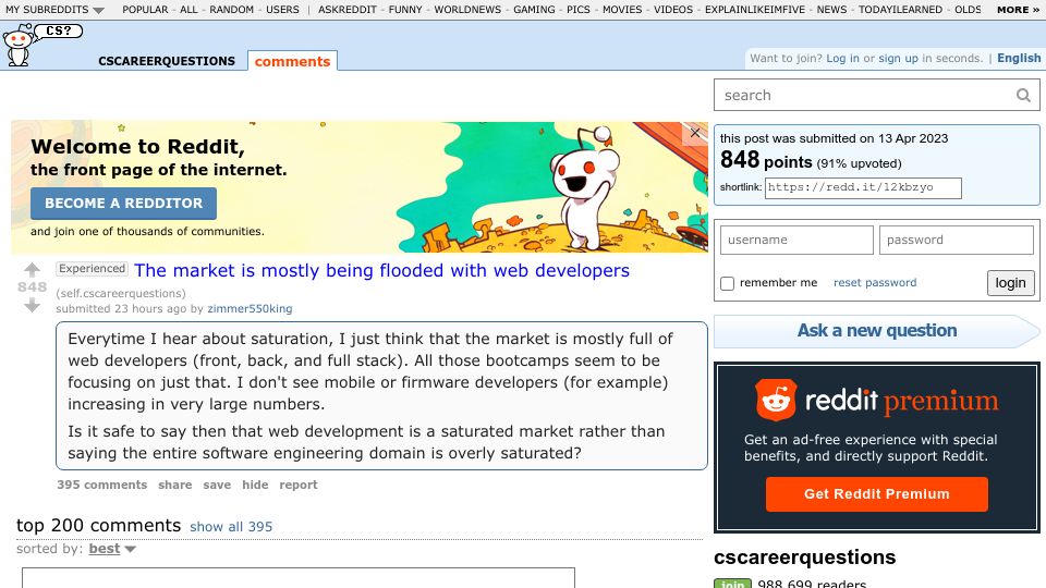 Screenshot of old.reddit.com: The market is mostly being flooded with web developers