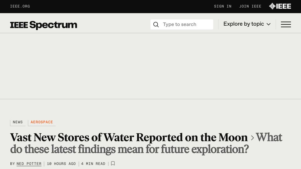 Screenshot of spectrum.ieee.org: Vast new stores of water reported on the moon