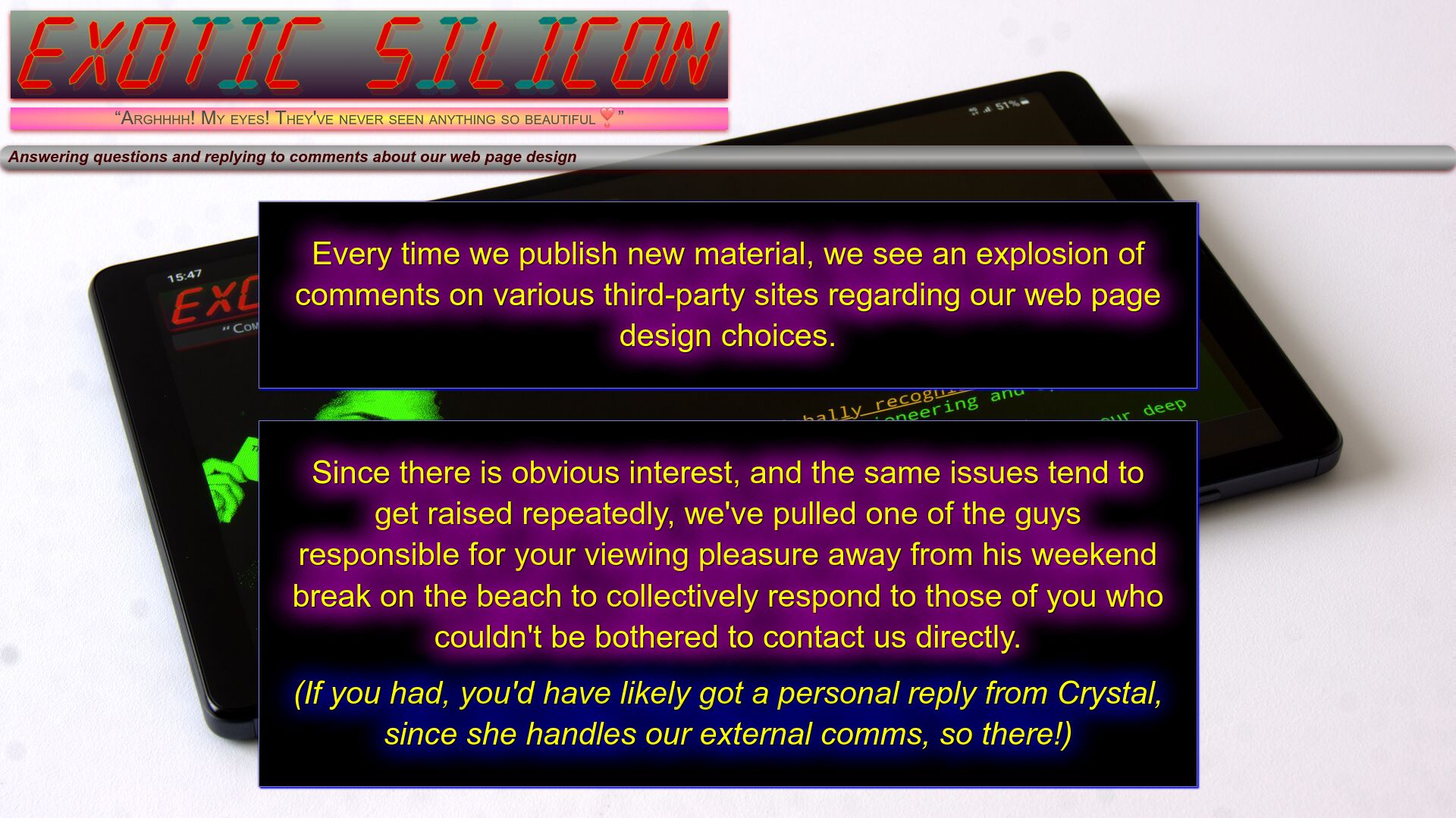 Screenshot of research.exoticsilicon.com: Replying to comments about our web page design