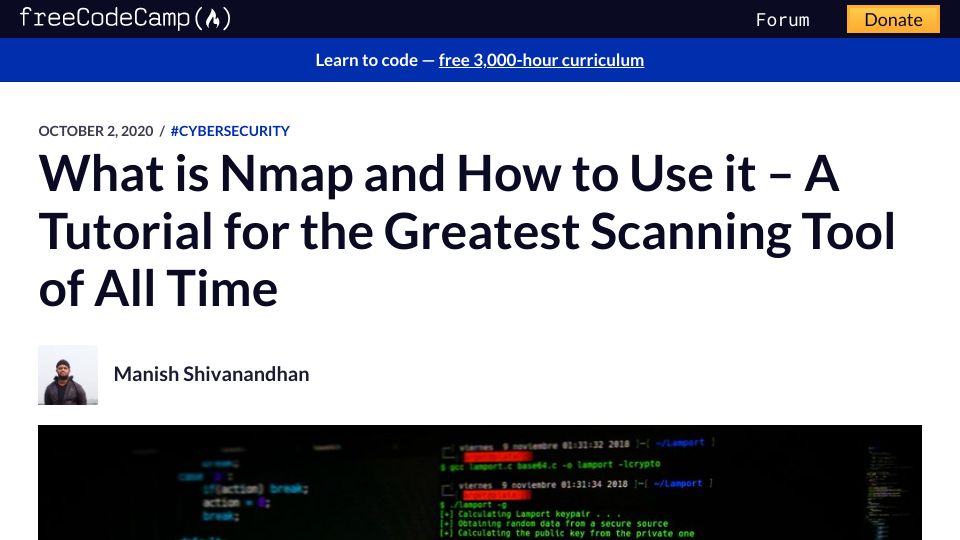 Screenshot of freecodecamp.org: What is NMAP and how to use it? (2020)