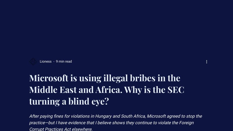 Screenshot of lioness.co: Microsoft is using illegal bribes in the Middle East and Africa