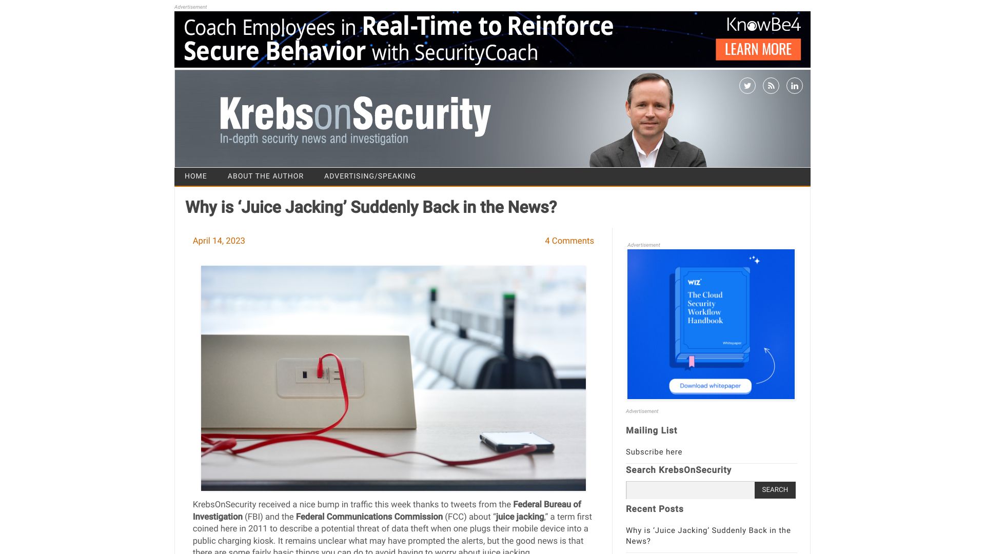 Screenshot of krebsonsecurity.com: Why is ‘juice jacking’ suddenly back in the news?
