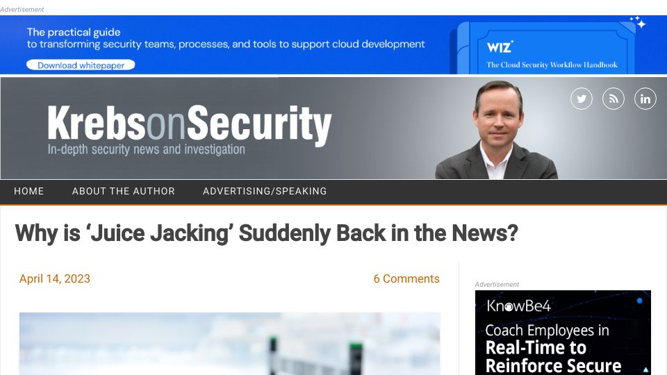 Screenshot of krebsonsecurity.com: Why is ‘juice jacking’ suddenly back in the news?