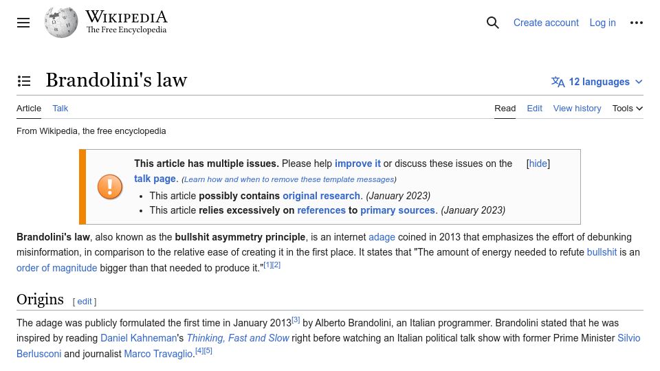 Screenshot of en.wikipedia.org: Brandolini's Law