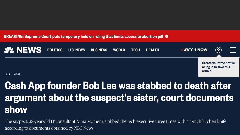 Screenshot of nbcnews.com: Cash App founder Bob Lee stabbed to death after argument about suspect's sister