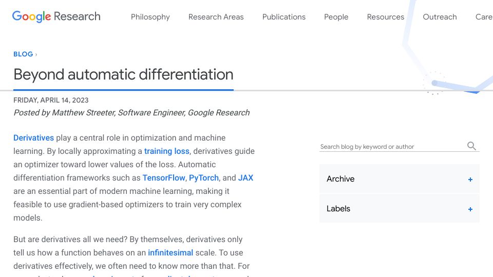 Screenshot of ai.googleblog.com: Beyond automatic differentiation