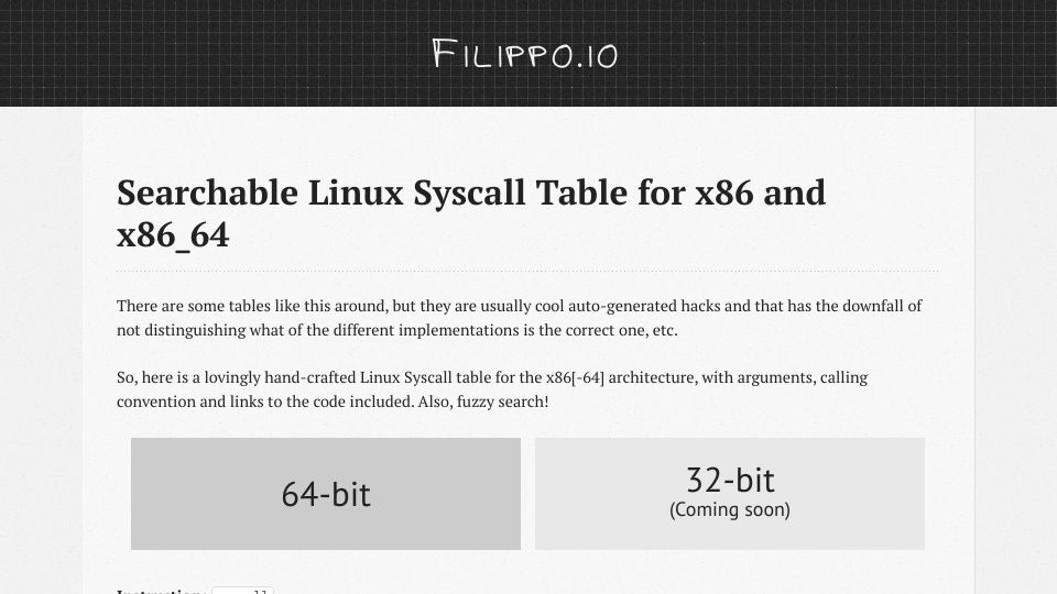 Screenshot of filippo.io: Searchable Linux Syscall Table for x86 and x86_64