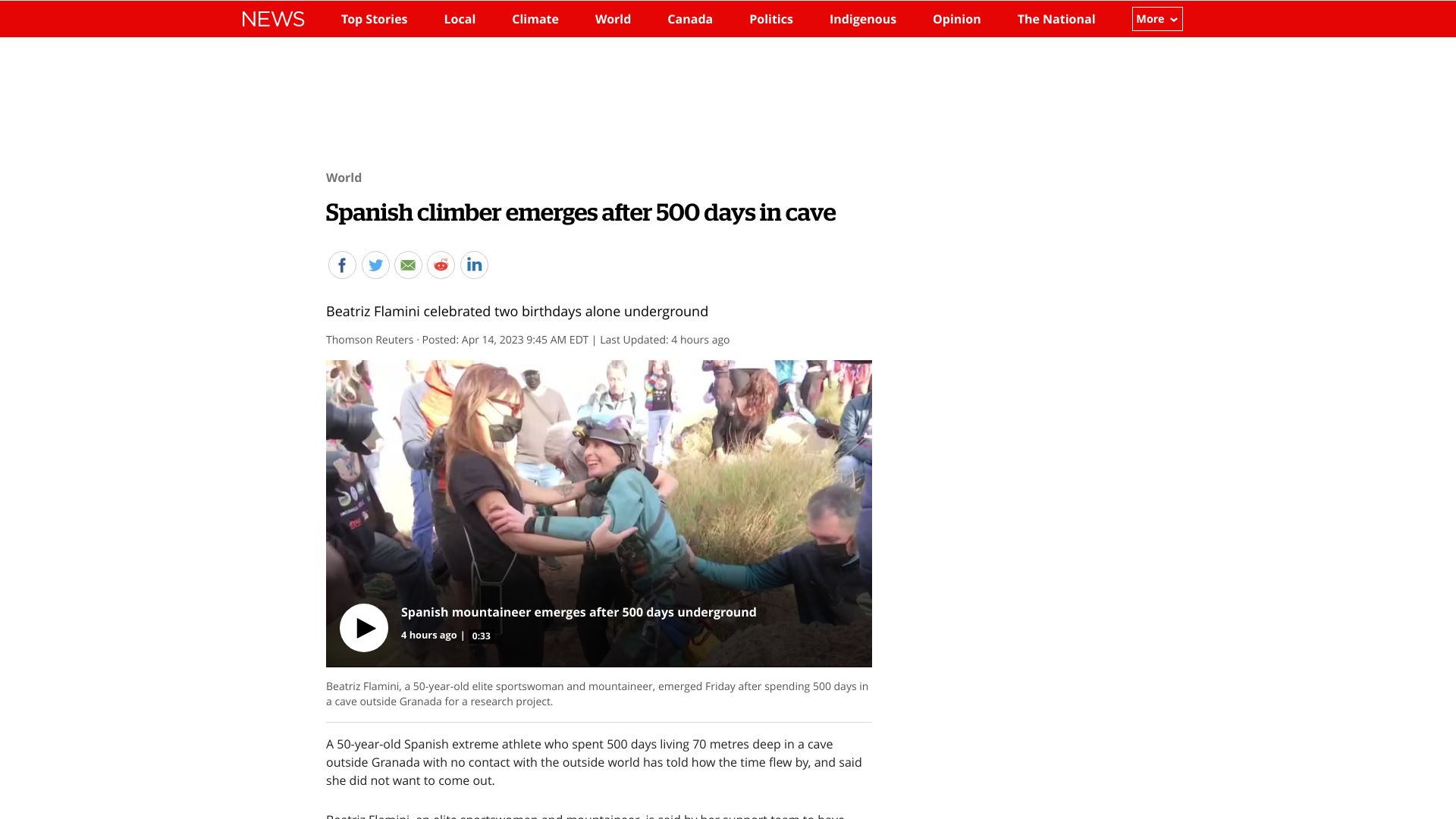 Screenshot of cbc.ca: Spanish climber emerges after 500 days in cave