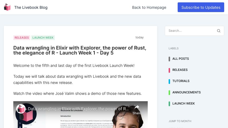 Screenshot of news.livebook.dev: Data wrangling in Elixir with Explorer, the power of Rust, the elegance of R