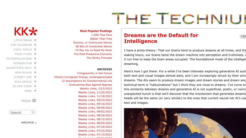 Screenshot of kk.org: Dreams are the default for intelligence