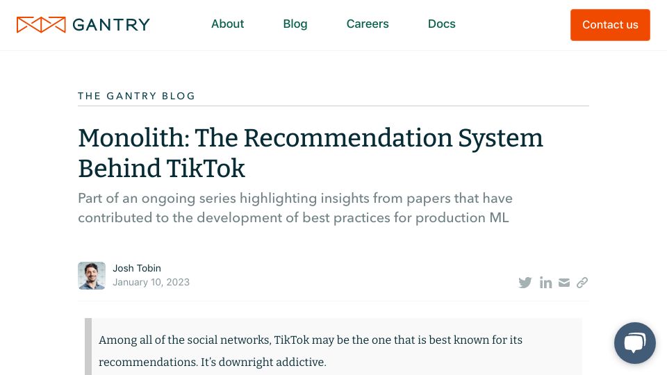 Screenshot of gantry.io: Monolith: The Recommendation System Behind TikTok