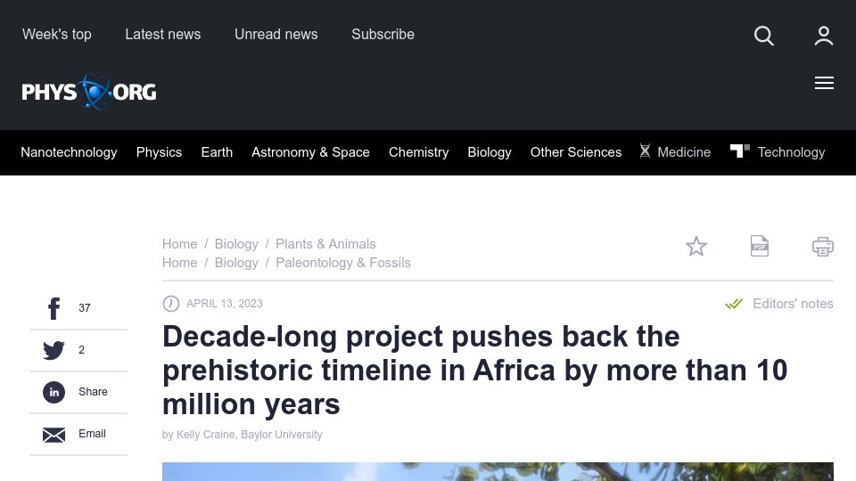 Screenshot of phys.org: Prehistoric timeline in Africa pushed back by more than 10M years
