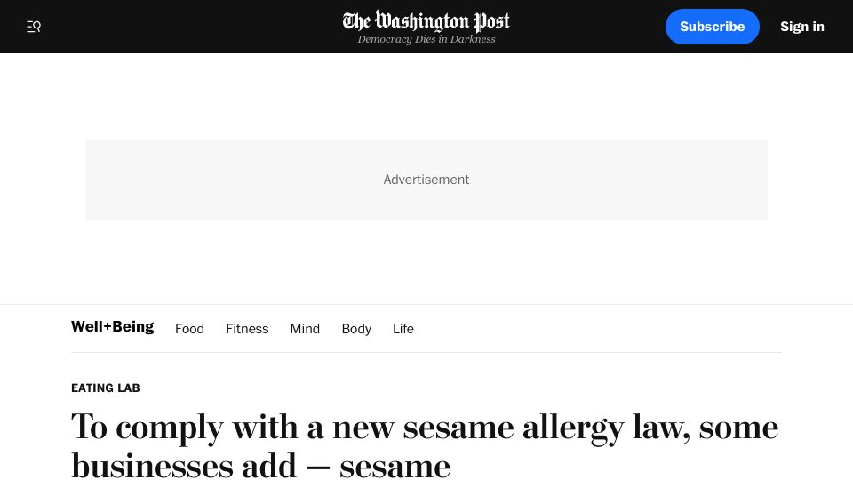 Screenshot of washingtonpost.com: To comply with a new sesame allergy law, some businesses add – sesame