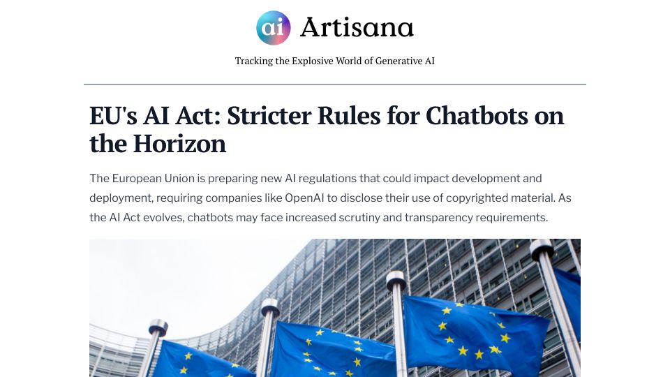 Screenshot of artisana.ai: EU's AI Act: ChatGPT must disclose use of copyrighted training data