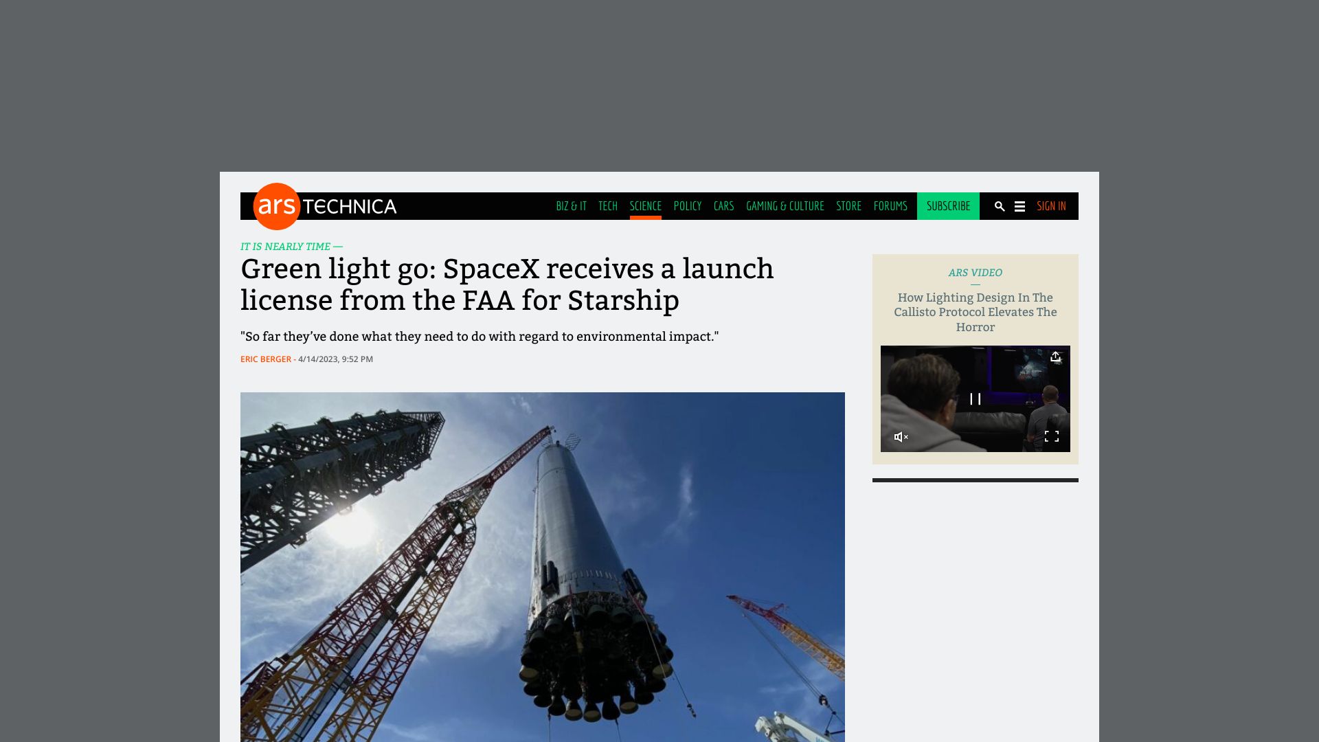 Screenshot of arstechnica.com: The FAA has granted SpaceX permission to launch its Starship rocket