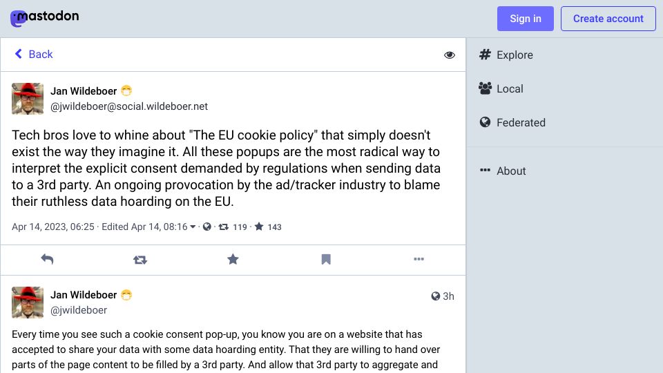 Screenshot of social.wildeboer.net: Stop whining about “The EU Cookie Policy” and improve your ways