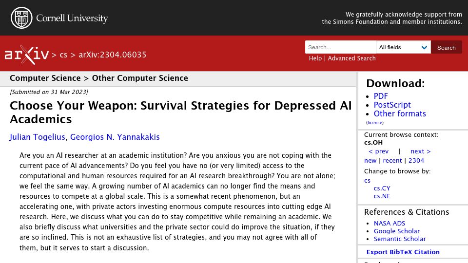 Screenshot of arxiv.org: Choose Your Weapon: Survival Strategies for Depressed AI Academics