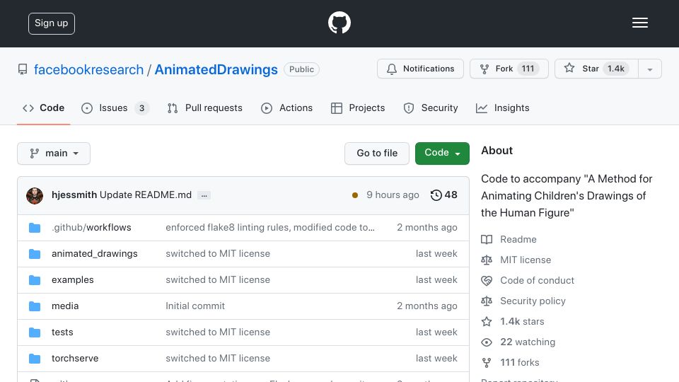 Screenshot of github.com: An open source AI tool to animate children's drawings