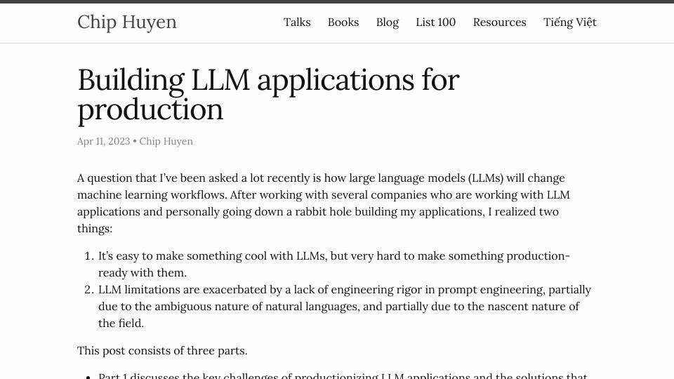 Screenshot of huyenchip.com: Building LLM Applications for Production