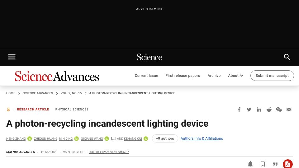 Screenshot of science.org: A photon-recycling incandescent lighting device