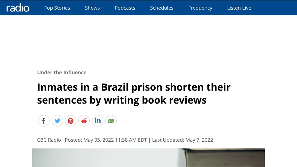 Screenshot of cbc.ca: Inmates in a Brazil prison shorten their sentences by writing book reviews