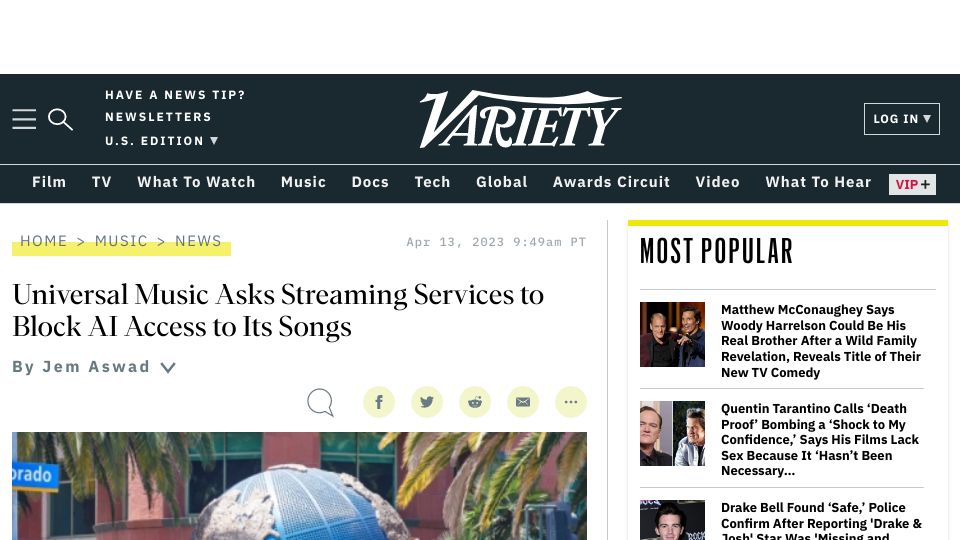 Screenshot of variety.com: Universal Music Asks Streaming Services to Block AI Access to Its Songs