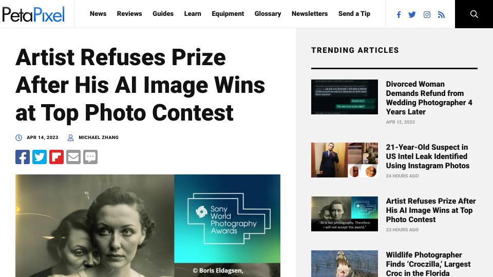 Screenshot of petapixel.com: Artist refuses prize after his AI image wins at top photo contest