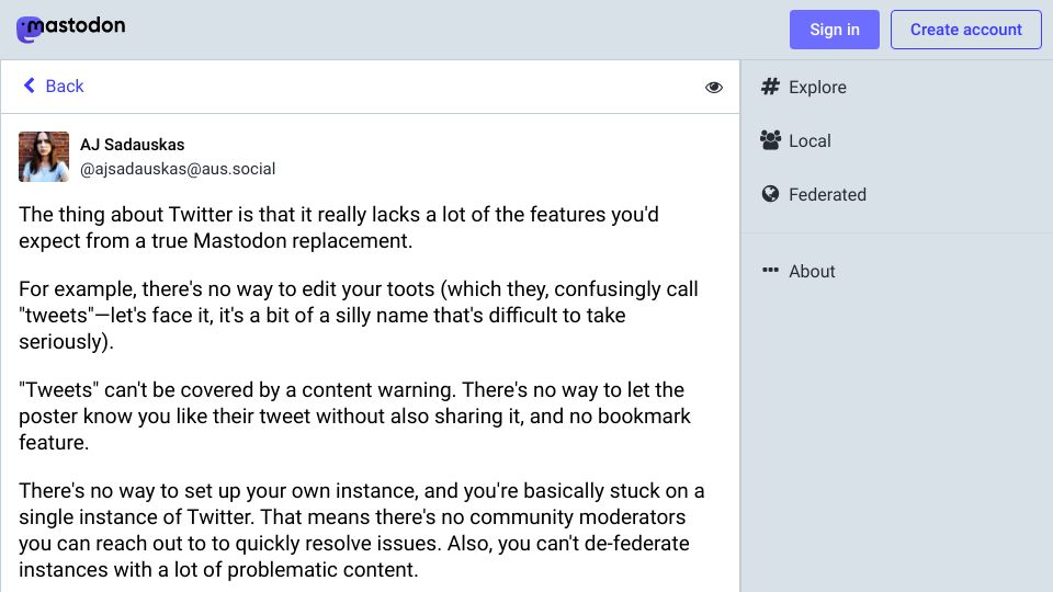 Screenshot of aus.social: Twitter lacks many features to be a true Mastodon replacement (2022)