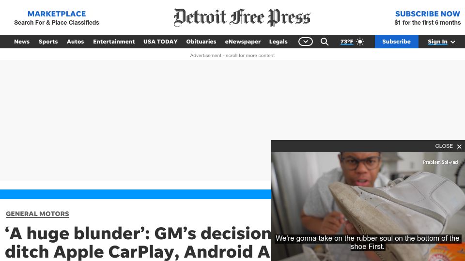 Screenshot of freep.com: GM’s decision to ditch Apple CarPlay, Android Auto sparks backlash