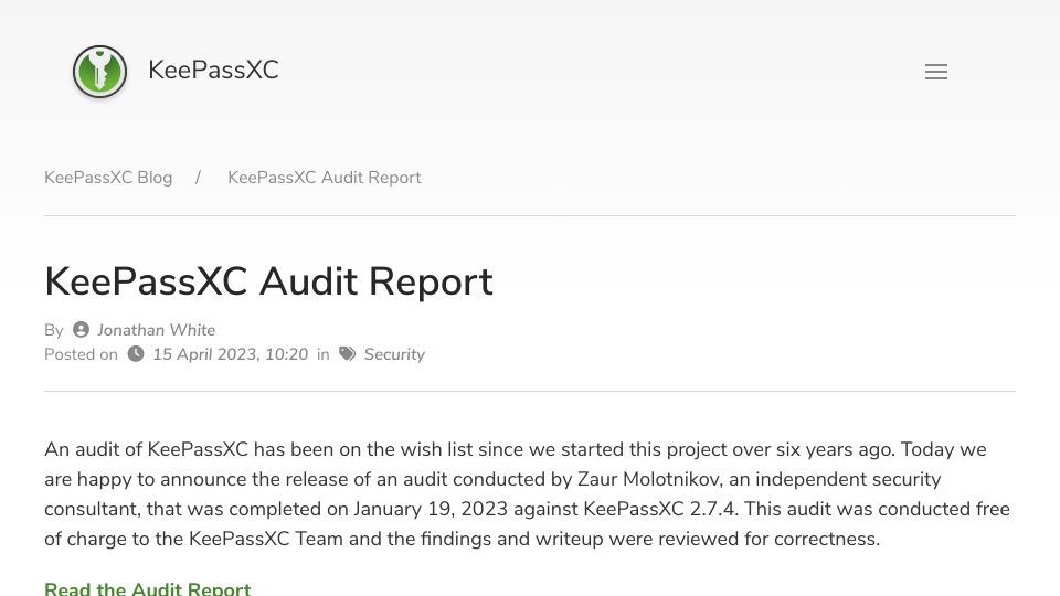 Screenshot of keepassxc.org: KeePassXC Audit Report