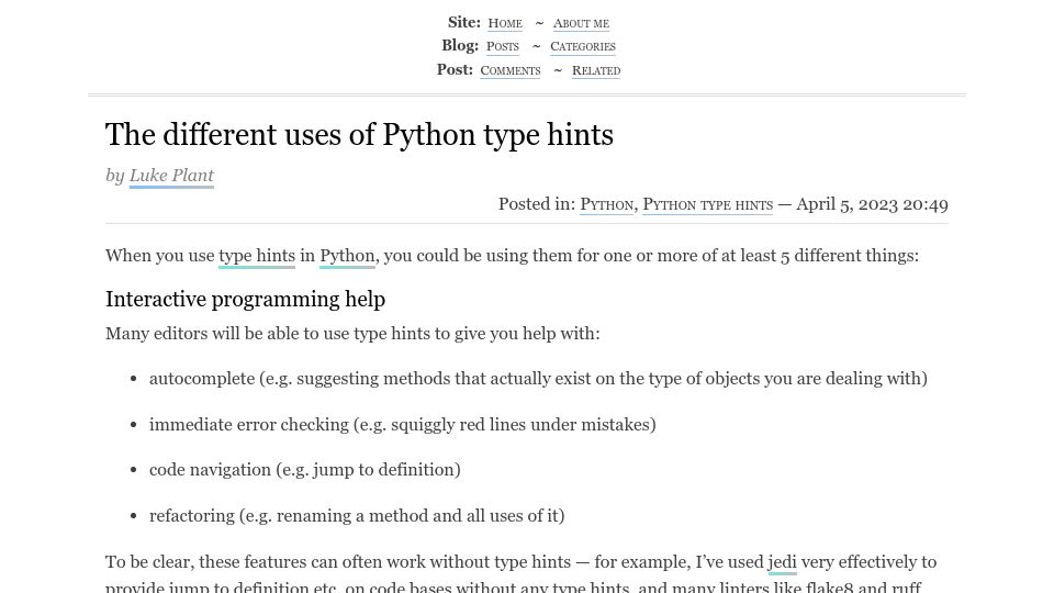 Screenshot of lukeplant.me.uk: The different uses of Python type hints