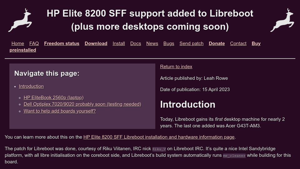 Screenshot of libreboot.org: Libreboot: HP Elite 8200 SFF support added (plus more desktops coming soon)