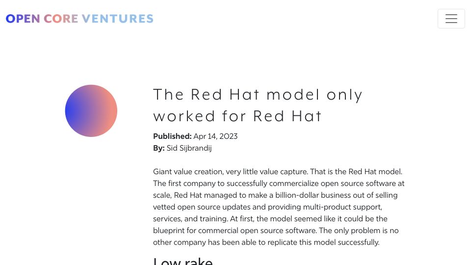 Screenshot of opencoreventures.com: The Red Hat model only worked for Red Hat