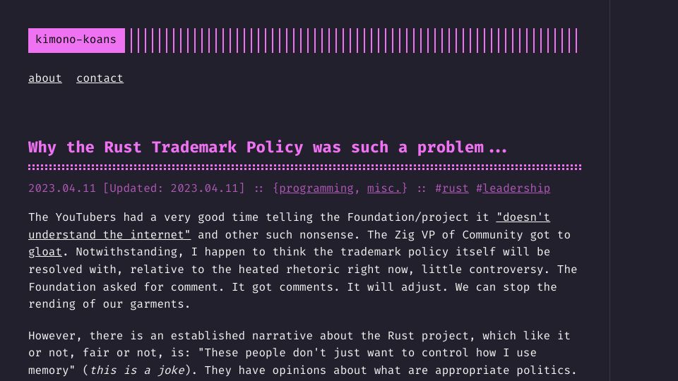 Screenshot of kimono-koans.github.io: Why the Rust Trademark Policy was such a problem