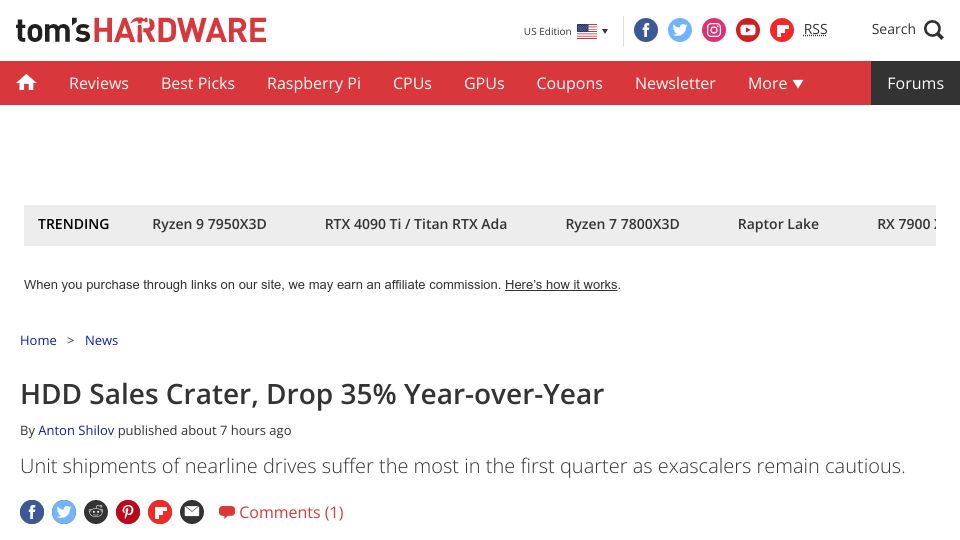 Screenshot of tomshardware.com: HDD Sales Crater, Drop 35% Year-over-Year