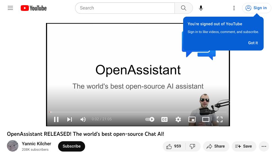 Screenshot of youtube.com: OpenAssistant released the best open-source Chat AI [video]