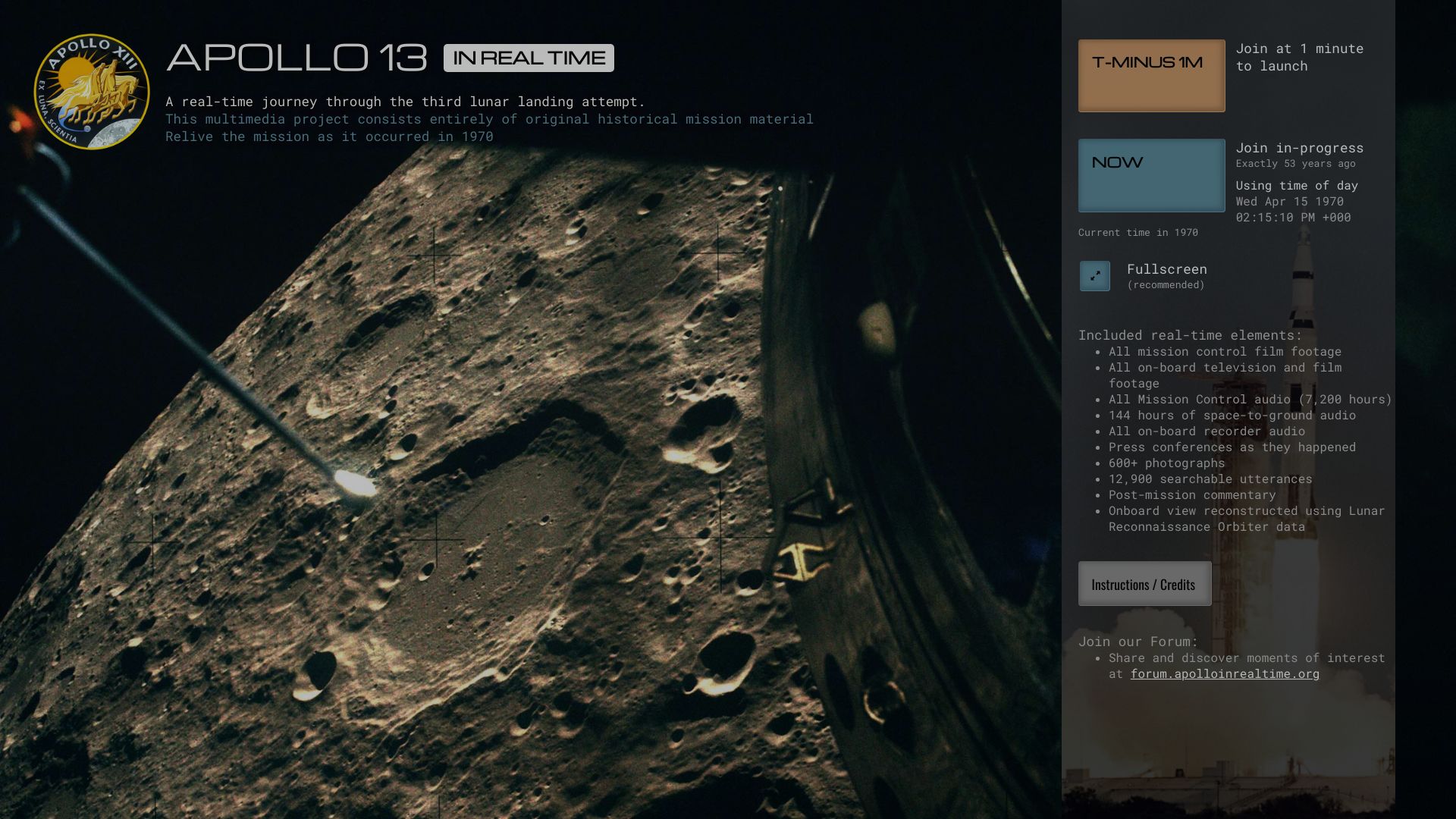 Screenshot of apolloinrealtime.org: Apollo 13 in Real Time