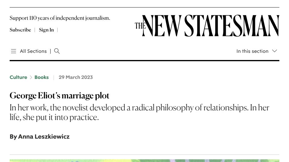 Screenshot of newstatesman.com: George Eliot’s Marriage Plot