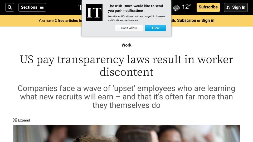 Screenshot of irishtimes.com: US pay transparency laws result in worker discontent