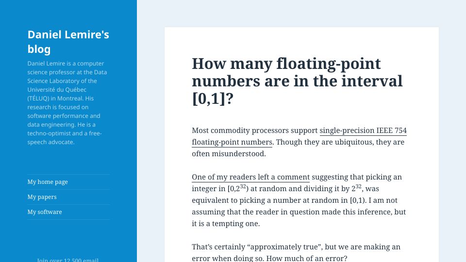 Screenshot of lemire.me: How many floating-point numbers are in the interval [0,1]? (2017)