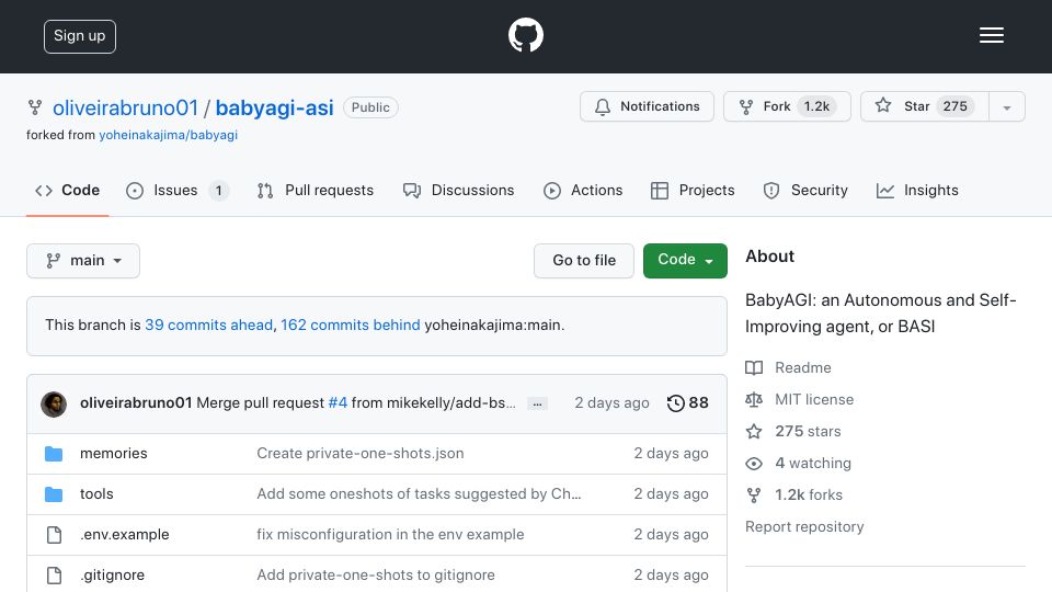 Screenshot of github.com: BabyAGI: An Autonomous and Self-Improving Agent