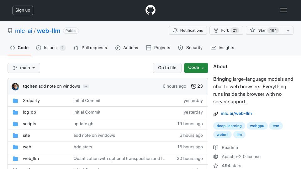 Screenshot of github.com: Web LLM – WebGPU Powered Inference of Large Language Models
