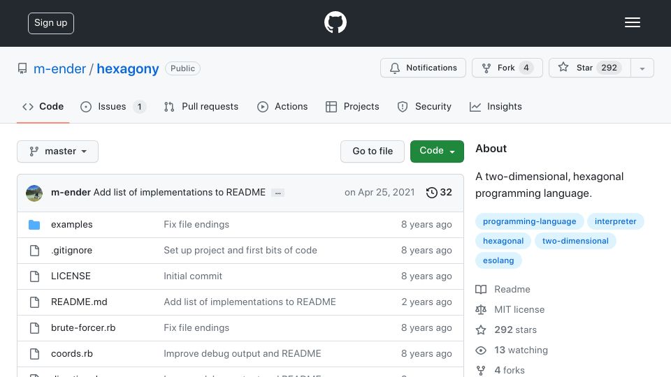 Screenshot of github.com: Hexagony: A two-dimensional, hexagonal programming language