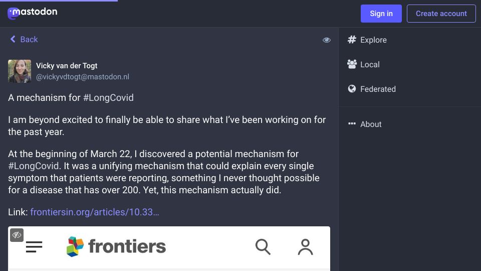 Screenshot of mastodon.nl: A Mechanism for Long Covid