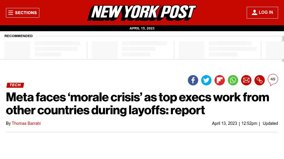 Screenshot of nypost.com: Meta faces ‘morale crisis’ as top execs work from other countries during layoffs