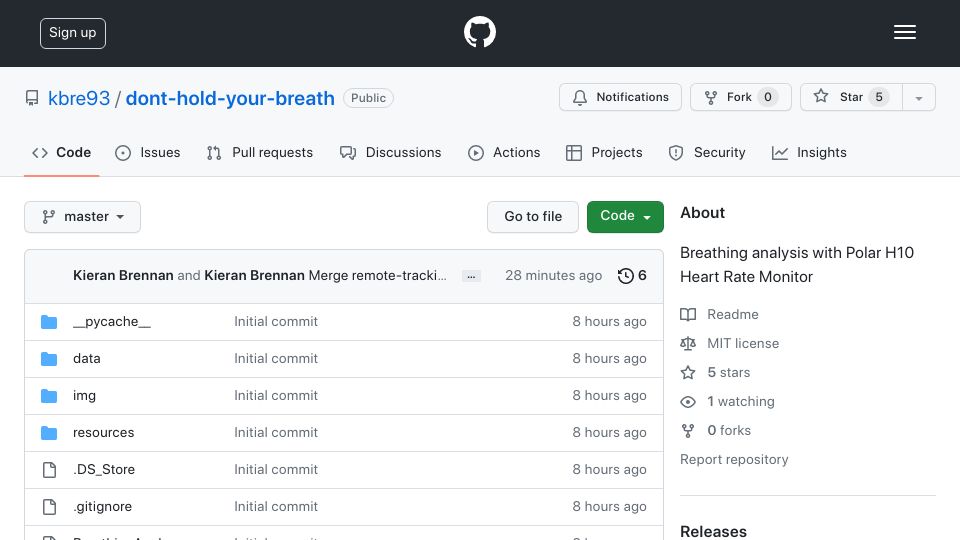 Screenshot of github.com: Show HN: Don't Hold Your Breath – Breathing Analysis with Polar H10 HR Monitor
