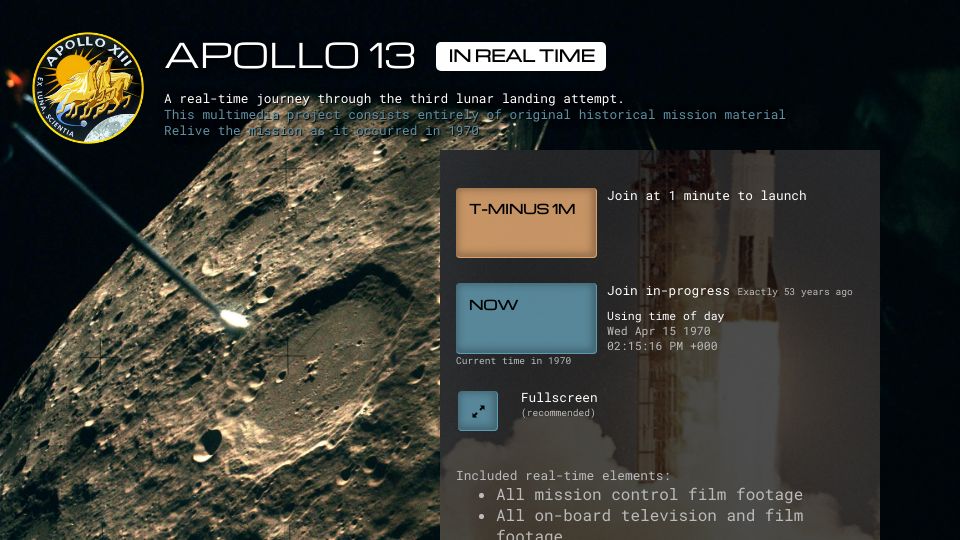 Screenshot of apolloinrealtime.org: Apollo 13 in Real Time