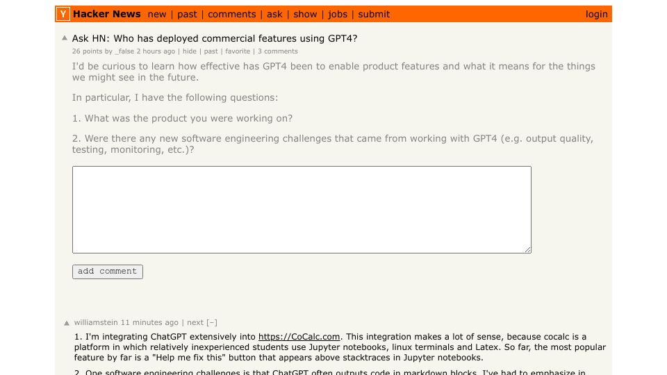 Screenshot of Hacker News post: Ask HN: Who has deployed commercial features using GPT4?