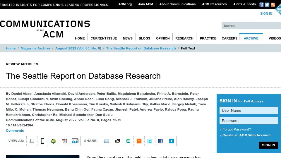 Screenshot of cacm.acm.org: The Seattle Report on Database Research (2022)