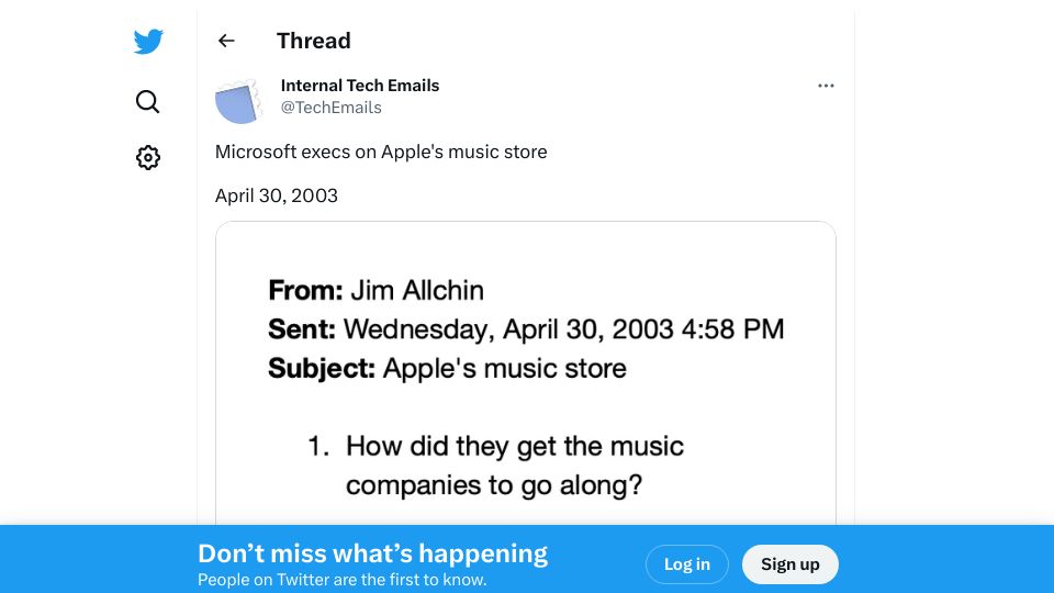 Screenshot of twitter.com: Microsoft execs on Apple's music store (2003)
